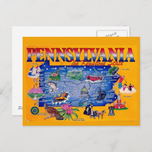 Pennsylvania Keystone State Map Briefkaart (Voorkant / Achterkant)