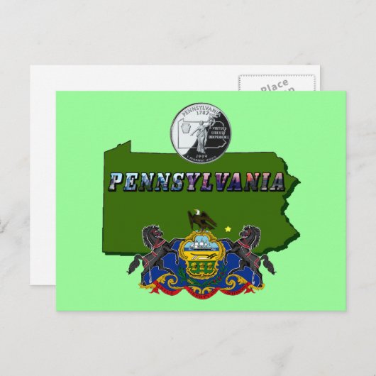 Pennsylvania Map, Quarter, Vlag en Afbeelding Teks Briefkaart (Voorkant / Achterkant)