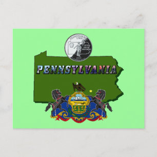 Pennsylvania Map, Quarter, Vlag en Afbeelding Teks Briefkaart