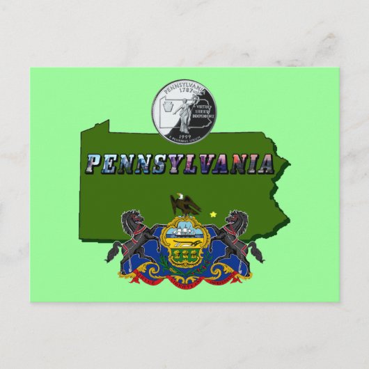 Pennsylvania Map, Quarter, Vlag en Afbeelding Teks Briefkaart (Voorkant)