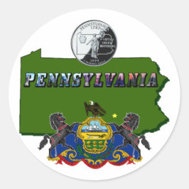Pennsylvania Map, Quarter, Vlag en Afbeelding Teks Ronde Sticker