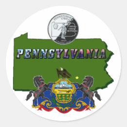 Pennsylvania Map, Quarter, Vlag en Afbeelding Teks Ronde Sticker