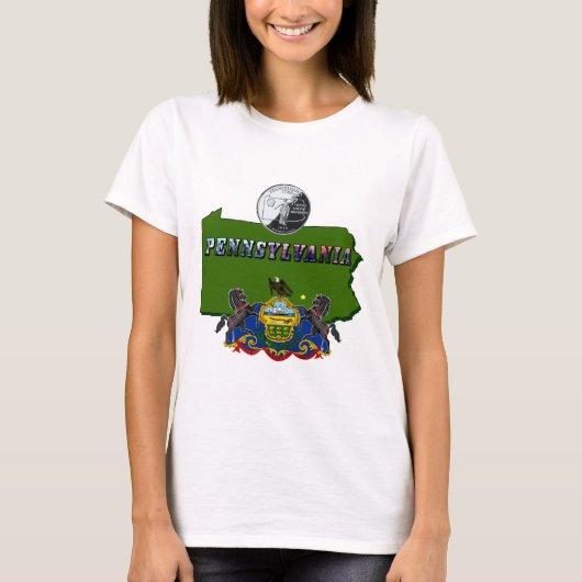 Pennsylvania Map, Quarter, Vlag en Afbeelding Teks T-shirt (Voorkant)
