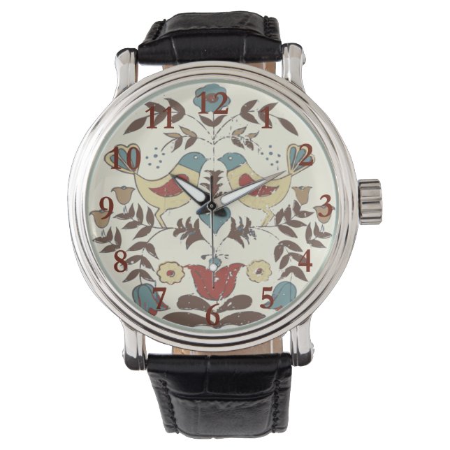 Pennsylvania Nederlands Amish Hex teken vogel amer Horloge (Voorkant)