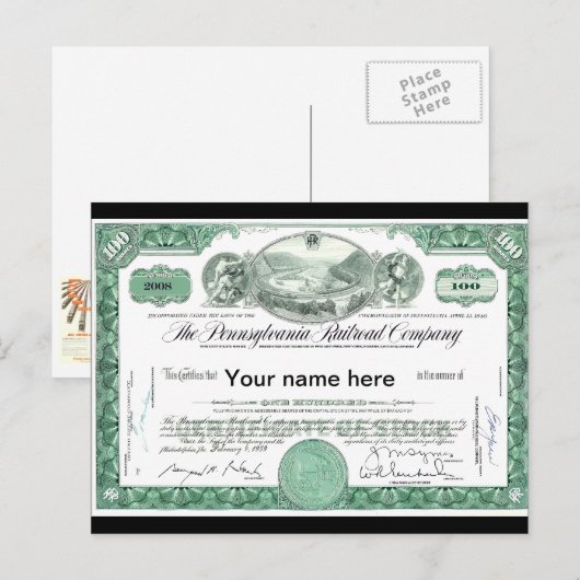 Pennsylvania Railroad CUSTOM Stock Certificate Briefkaart (Voorkant / Achterkant)
