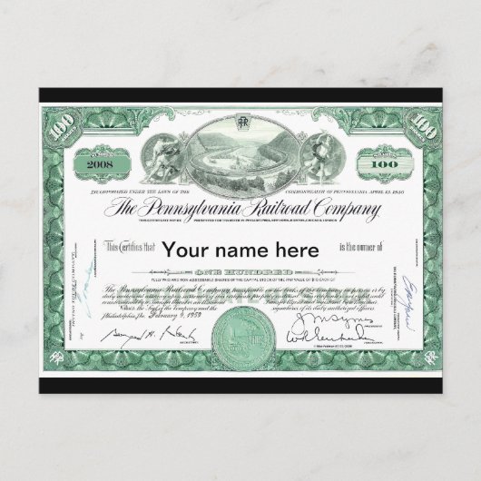 Pennsylvania Railroad CUSTOM Stock Certificate Briefkaart (Voorkant)