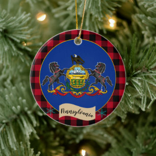 Pennsylvania, Red buffalo plaid, Pennsylvania Flag Keramisch Ornament