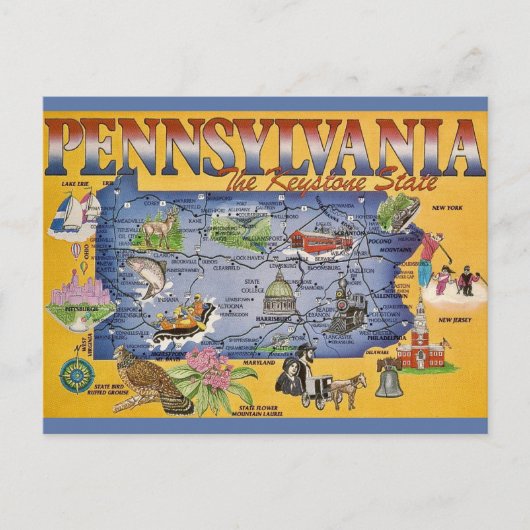 Pennsylvania Staatskaart Ansichtkaart Briefkaart (Voorkant)