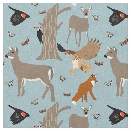 Pennsylvania Wildlife Deer, Fox, Birds Patterned Stof (Close Up)