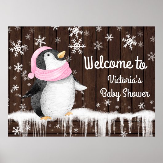 Penquin Snowflake Winter Baby shower Sign Poster (Voorkant)