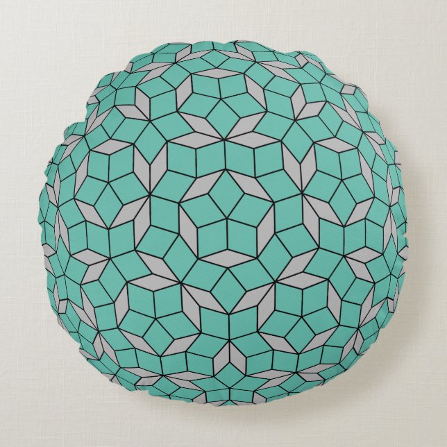 Penrose tiling patroon afgerond, grijze turquoise rond kussen (Voorkant)