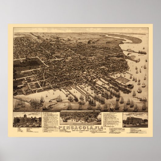 Pensacola, FL Panoramic Map - 1885 Poster (Voorkant)