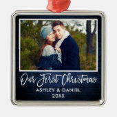 Penseel met blauw hout, onze eerste kerstmis metalen ornament (Voorkant)