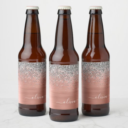 Penseel metalen Roos Gold Silver Glitter Monogram Bier Etiket (Flessen)