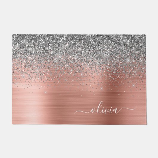 Penseel metalen Roos Gold Silver Glitter Monogram Deurmat (Voorkant)