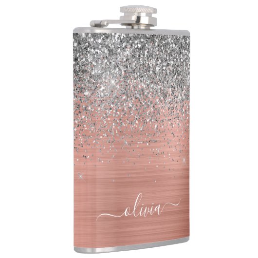 Penseel metalen Roos Gold Silver Glitter Monogram Heupfles (Rechts)