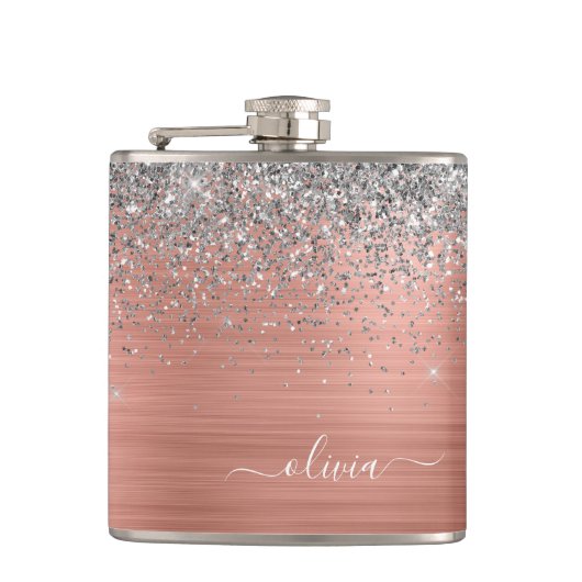 Penseel metalen Roos Gold Silver Glitter Monogram Heupfles (Voorkant)