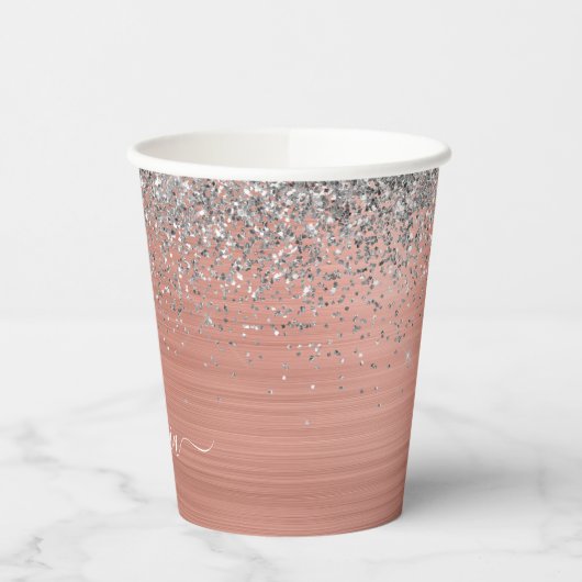 Penseel metalen Roos Gold Silver Glitter Monogram Papieren Bekers (Links)