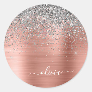 Penseel metalen Roos Gold Silver Glitter Monogram Ronde Sticker