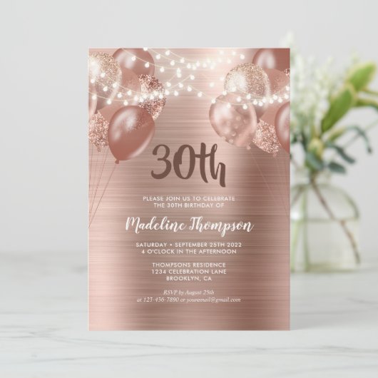 Penseel Roos Gold String Light Ballon Birthday Kaart (Staand voorkant)