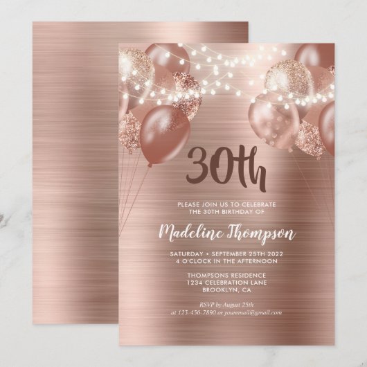 Penseel Roos Gold String Light Ballon Birthday Kaart (Voorkant / Achterkant)