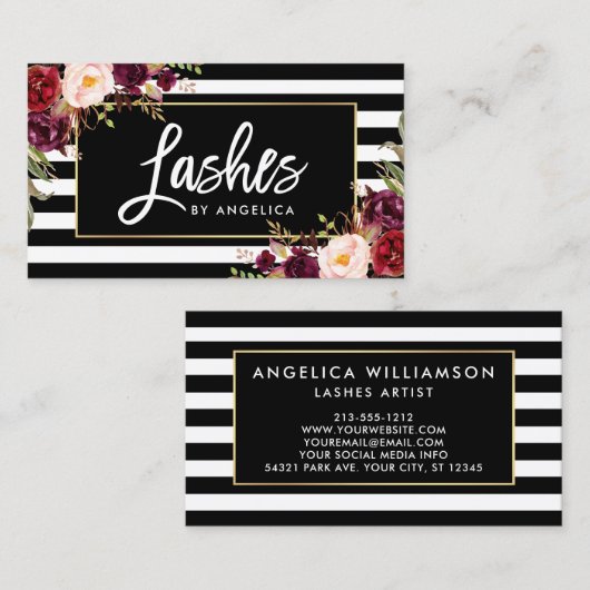 Penseel Script-as Striped Burgundy Floral Visitekaartje (Voorkant / Achterkant)