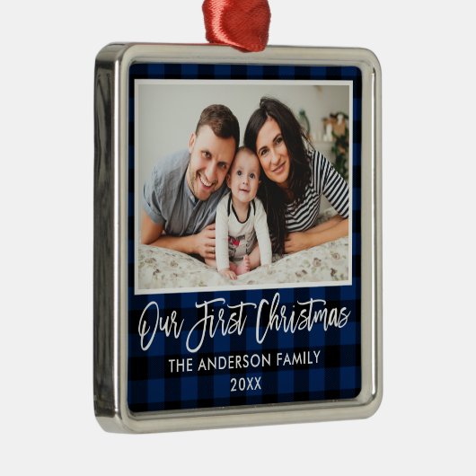 Penseel-script blauw geplakt met eerste Kerstmis Metalen Ornament (Rechts)