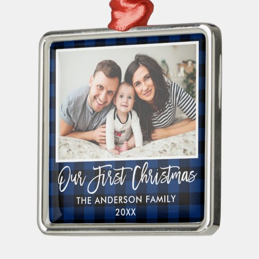 Penseel-script blauw geplakt met eerste Kerstmis Metalen Ornament (Links)