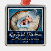 Penseel Script Blue Pset Baby First Kerstmis Metalen Ornament (Voorkant)