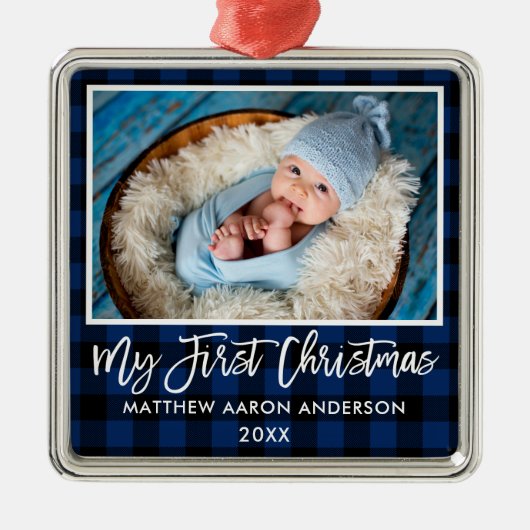 Penseel Script Blue Pset Baby First Kerstmis Metalen Ornament (Voorkant)