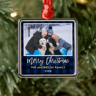 Penseel Script Blue Pset Family Merry Kerstmis Metalen Ornament