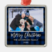Penseel Script Blue Pset Family Merry Kerstmis Metalen Ornament (Voorkant)