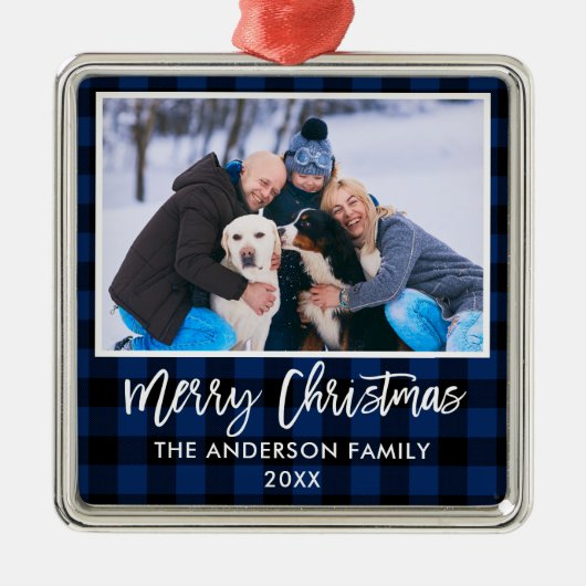 Penseel Script Blue Pset Family Merry Kerstmis Metalen Ornament (Voorkant)