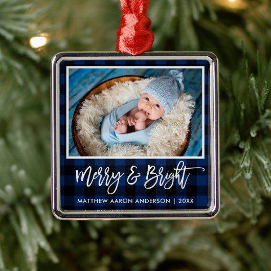 Penseel Script Blue Pset Merry en Bright Baby Metalen Ornament (Boom)