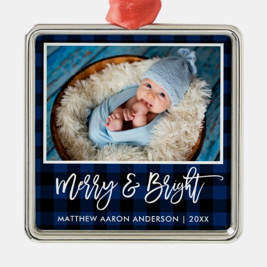 Penseel Script Blue Pset Merry en Bright Baby Metalen Ornament (Voorkant)
