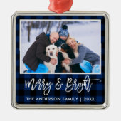 Penseel Script Blue Pset Merry en Bright Family Metalen Ornament (Voorkant)
