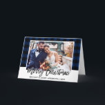 Penseel Script Blue Pset Weddenschap met kerstmis Feestdagen Kaart<br><div class="desc">Modern Brush Script Blauw Plaid Trouwfoto Kerst Gevouwen Kaart</div>