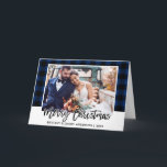 Penseel Script Blue Pset Weddenschap met kerstmis Feestdagen Kaart<br><div class="desc">Modern Brush Script Blauw Plaid Trouwfoto Kerst Gevouwen Kaart</div>