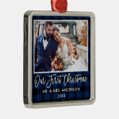 Penseel Script Blue Pset Wedding First Kerstmis Metalen Ornament (Rechts)