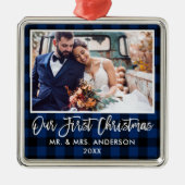 Penseel Script Blue Pset Wedding First Kerstmis Metalen Ornament (Voorkant)