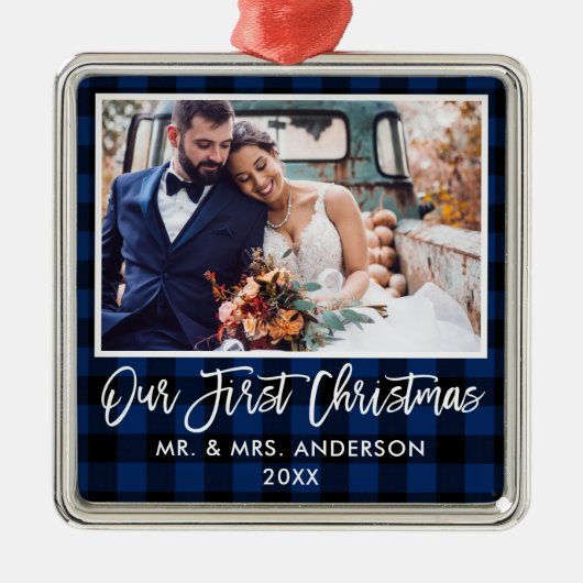 Penseel Script Blue Pset Wedding First Kerstmis Metalen Ornament (Voorkant)