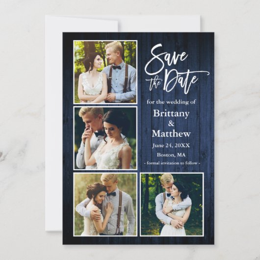 Penseel Script Blue Wood Couple 4 Foto Save The Date (Voorkant)