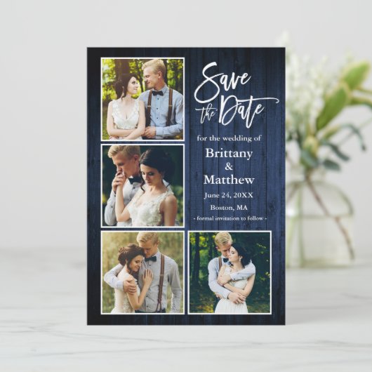 Penseel Script Blue Wood Couple 4 Foto Save The Date (Staand voorkant)