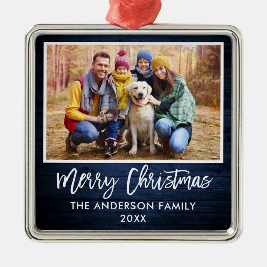 Penseel Script Blue Wood Family Merry Kerstmis Metalen Ornament (Voorkant)