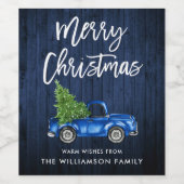 Penseel Script Blue Wood Kerstmis Truck Wijn Etiket (Enkel label)