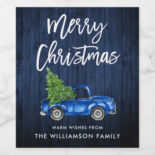 Penseel Script Blue Wood Kerstmis  Truck Wijn Etiket (Enkel label)