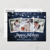 Penseel Script Blue Wood Lichten 3 Foto Holiday Briefkaart (Voorkant / Achterkant)