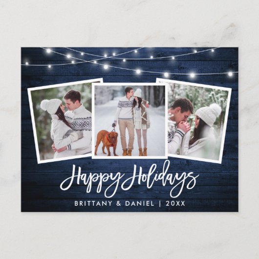 Penseel Script Blue Wood Lichten 3 Foto Holiday Briefkaart (Voorkant)