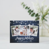 Penseel Script Blue Wood Lichten 3 Foto Holiday Briefkaart (Staand voorkant)