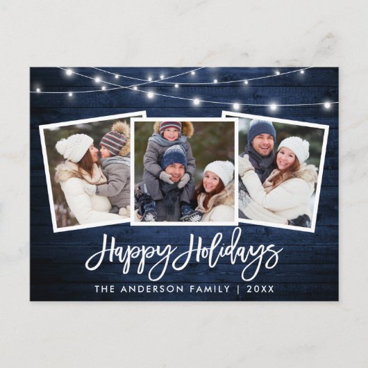 Penseel Script Blue Wood Lights Holiday 3 Foto Briefkaart (Voorkant)